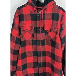 Ecko Unltd Sherpa Lined Buffalo Plaid Hooded Shirt Jacket Mens Medium Red Black